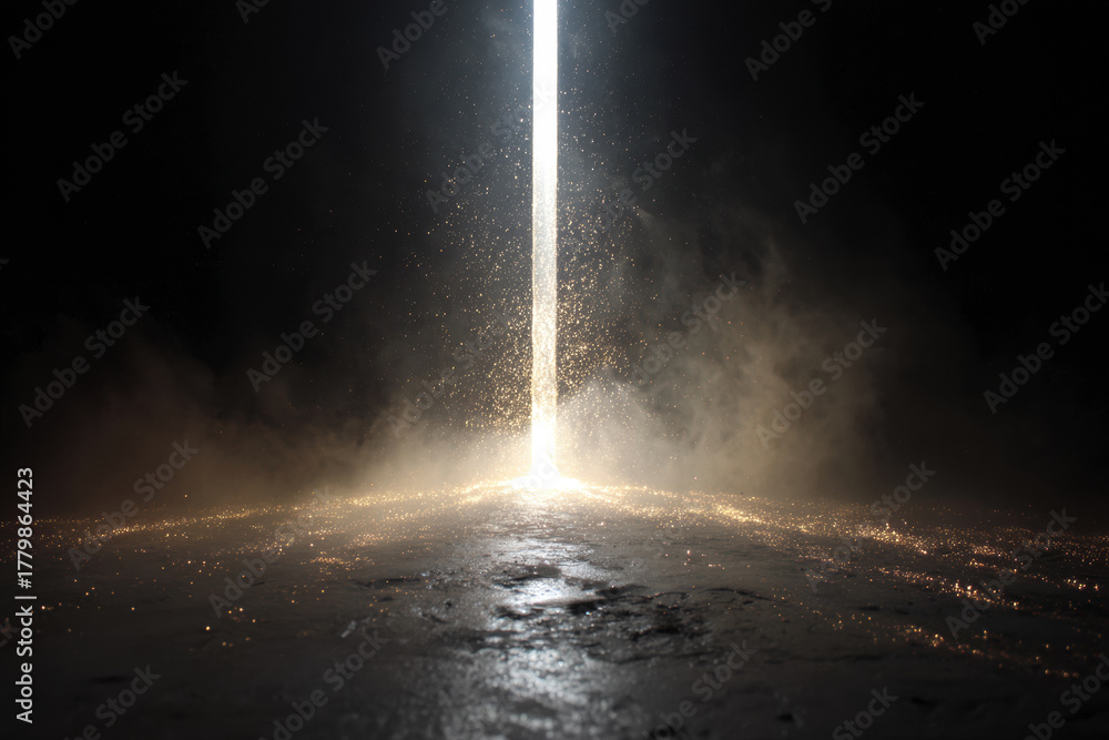 Obraz premium A vertical beam of light pierces through darkness with golden particles floating around, symbolizing inspiration, hope, and the emergence of achievement.