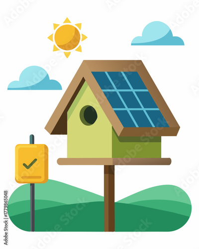 A functional birdhouse with a solar panel that also charges a small battery allowing for continuous light during cloudy days or even into the evening.. Vector illustration