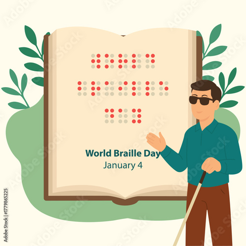 World Braille Day illustration with blind man and open book