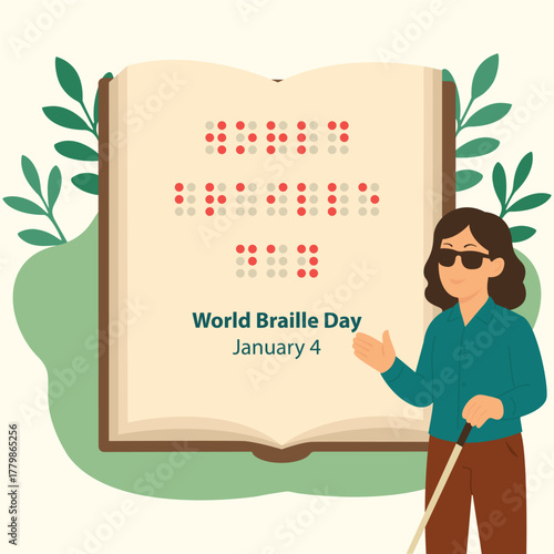 World Braille Day illustration with blind woman and open book