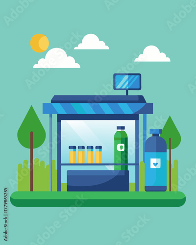 A fully solarpowered bus stop with a water bottle filling station encouraging ecofriendly alternatives for commuters.. Vector illustration