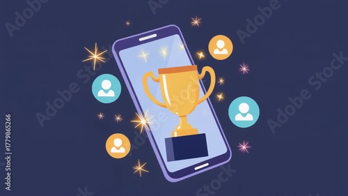 Pixelated Smartphone And Trophy On Dark Blue Background With Sparkles And User Icons