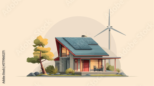 eco house with solar roof and wind turbine in yard. Symbol of clean living, renewable energy, and sustainable architecture. For eco design, home energy, and lifestyle