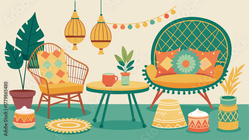 A bohemianinspired outdoor space with a mix of vintage wicker furniture colorful throw pillows and a vintage metal bistro set.