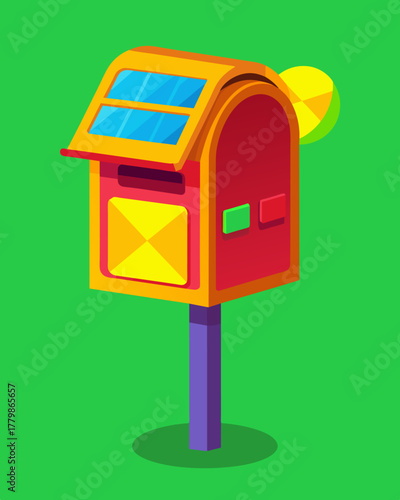 A brightly colored mailbox with a solarpowered light inside adding a pop of color to the streets while also being environmentally friendly.. Vector illustration