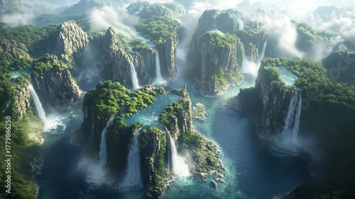 Aerial View of Majestic Waterfalls Cascading Through Lush Green Mountains and Pristine Rivers