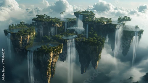 Floating Islands with Lush Greenery, Waterfalls, and Pools Amidst Clouds