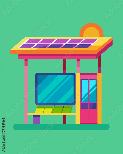 A colorful and vibrant bus shelter equipped with a large solar panel on top and smaller ones on the side providing a pop of energy to the surrounding area.. Vector illustration