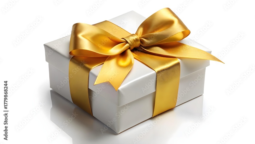 Obraz premium A white gift box with a gold ribbon and bow is isolated on white background
