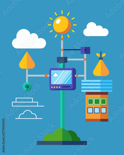 A hightech weather station equipped with solarpowered sensors able to detect changes in temperature humidity and pressure to accurately predict upcoming weather patterns.. Vector illustration