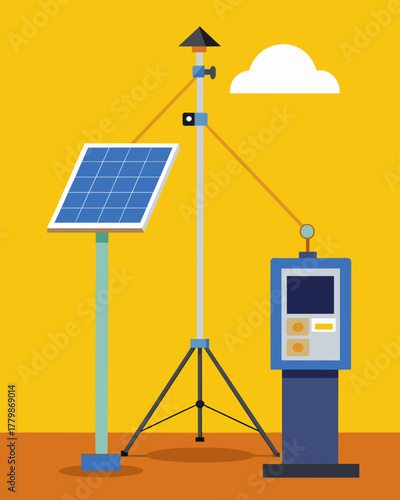 A compact and portable weather station ideal for remote locations powered by a large solar panel mounted on the top of its sy frame.. Vector illustration