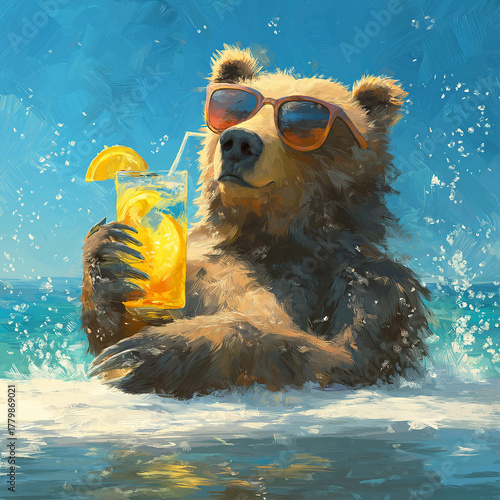 Bear wearing sunglasses holds a glass of lemonade at the beach. Bright blue sky and splashing waves create a playful summer mood.