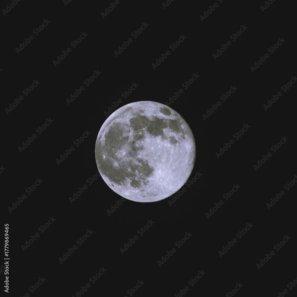 Obraz premium Close-up black and white photograph of the full moon against a dark night sky, showing detailed craters and surface texture.