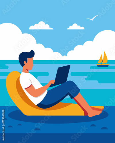 A man reclines on a comfortable cushion typing on his tablet while enjoying a view of the open ocean.. Vector illustration