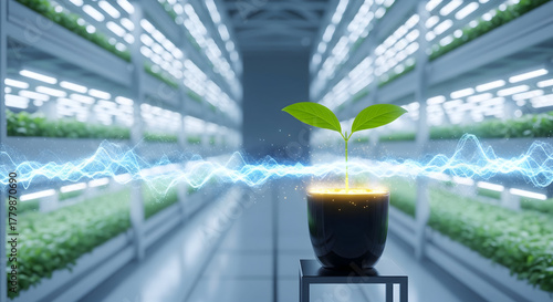 Witness the future of farming with this vibrant sprout in a modern indoor farm