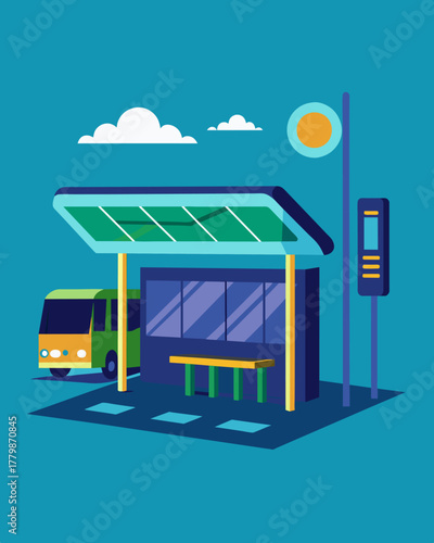 A futuristic bus stop that utilizes solar energy to power screens displaying realtime bus arrival timings.. Vector illustration
