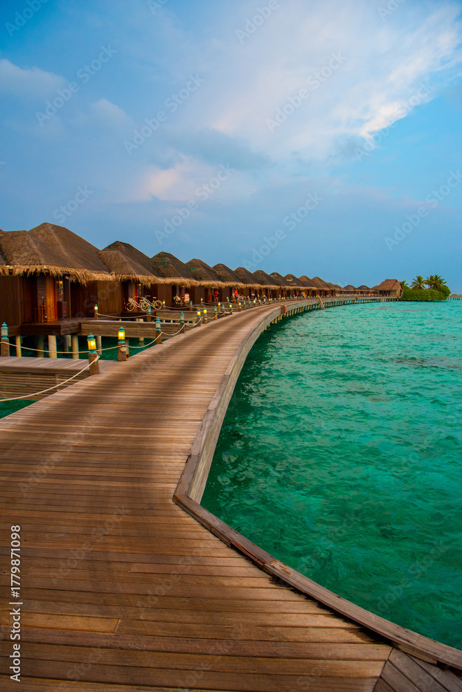 Fototapeta premium Beautiful sunset. Summer vacation, holiday amazing nature. Relax paradise, Maldives. Tropical island beach landscape exotic shore coast. Tranquil closeup calm sea water waves with palm trees. 
