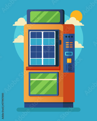 A futuristiclooking vending machine with solar panels generating power to satisfy hungry and thirsty customers.. Vector illustration