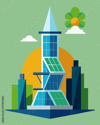A fusion of modern architecture and ecofriendly technology a skyscrapers solar panels are crafted into unique shapes adding visual interest to the building.. Vector illustration