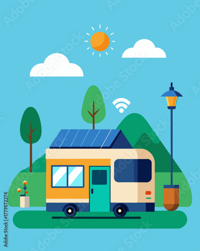 A caravan parked in the middle of nowhere runs entirely on solar energy with a smart home system controlling everything from climate to entertainment.. Vector illustration