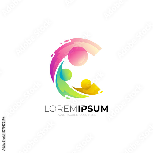 Letter C logo and people care design combination, 3d colorful design
