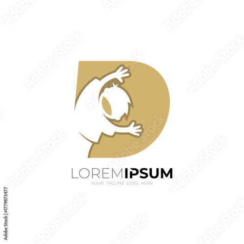 Little boy logo inside the letter D, D logo and people kids design template,