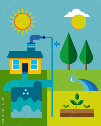 A beforeandafter image showcasing the difference between traditional irrigation ods and the use of solarpowered systems – from flooded fields to controlled efficient watering.. Vector illustration