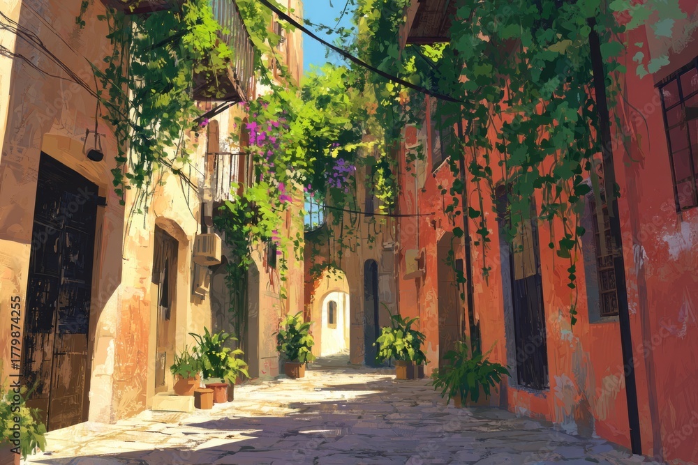 Fototapeta premium digital painting of old town alley with hanging plants and pastel walls, sunlight glow, peaceful travel scene