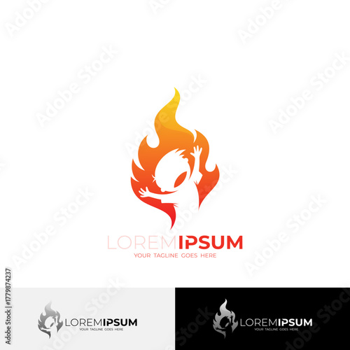 Children logo and fire design combination, red color