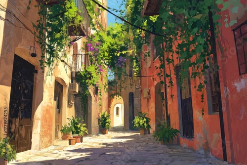 Wallpaper Mural digital painting of old town alley with hanging plants and pastel walls, sunlight glow, peaceful travel scene Torontodigital.ca
