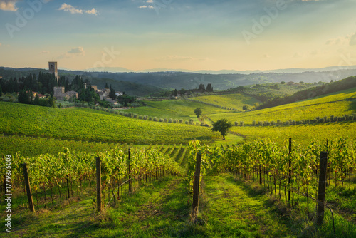 Chianti Vineyards and Badia a Passignano Abbey in Autumn, Tuscany, Italy