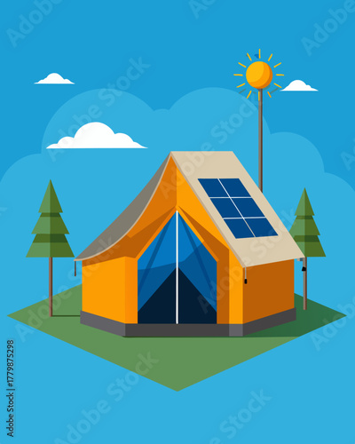 A heavyduty tent designed for extreme weather conditions with solar panels providing backup power during storms.. Vector illustration