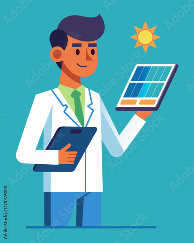 A doctor takes notes on a tablet device powered by solar energy eliminating the need for paper charts.. Vector illustration