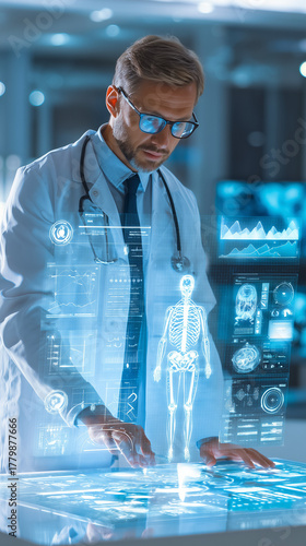 Male physician reviewing patient data on an AI interface displaying analytics using a transparent holographic screen, concept of evolving technology in healthcare