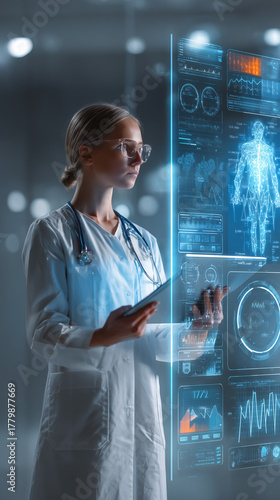 Female medical professional reviewing patient data on transparent holographic screen with an AI interface displaying analytics, concept of evolving technology in healthcare