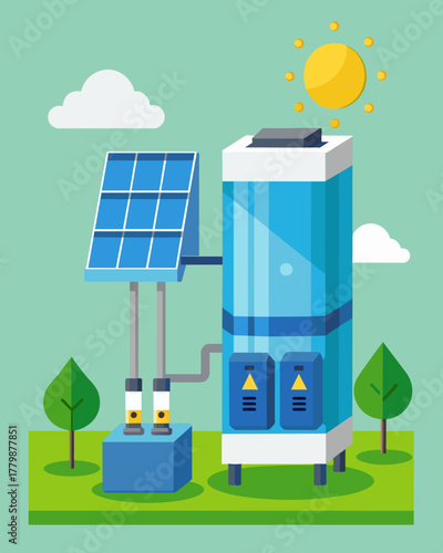A compact solarpowered water purification system designed for urban apartments allowing individuals to have access to clean drinking water at home while reducing their carbon. Vector illustration