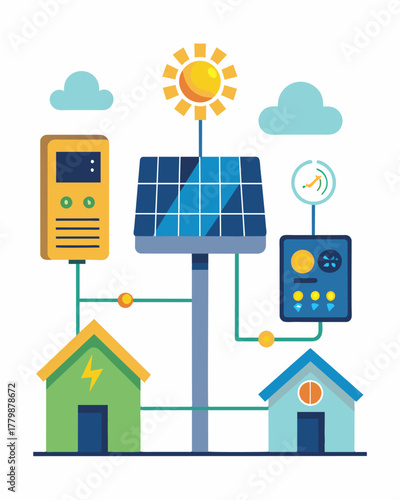 A digital monitoring system with sensors p on every solar panel providing accurate measurements of energy production and identifying any inefficiencies or malfunctions.. Vector illustration