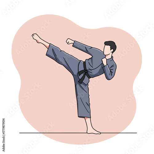 Illustration of a man wearing a gi and black belt performing a side kick martial arts move.