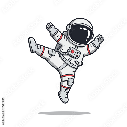 A cartoon astronaut in a white spacesuit playfully kicking and floating in the air.