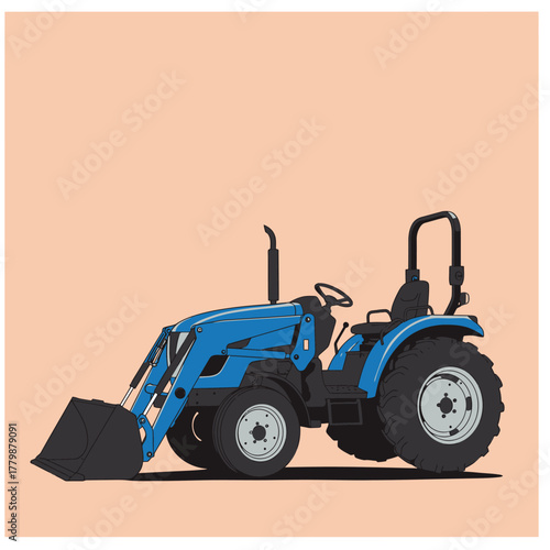 A blue compact utility tractor with a front loader bucket, illustrated in a clean vector style against a plain background.