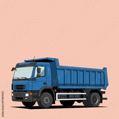 A blue dump truck with its bed lowered, parked on a plain background, ready for hauling materials.