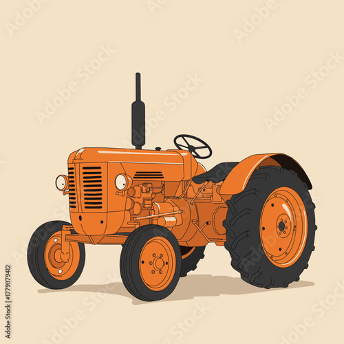 Illustration of an orange vintage tractor with black tires, exhaust pipe, and seat, set against a beige background.