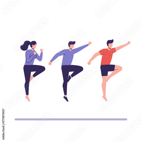 Three diverse individuals in athletic attire performing dynamic martial arts stances with energetic movements against a clean white background.