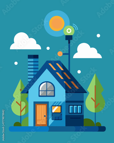 A futuristic house with an intelligent solar energy system that automatically adjusts the temperature and lighting based on the weather and time of day.. Vector illustration