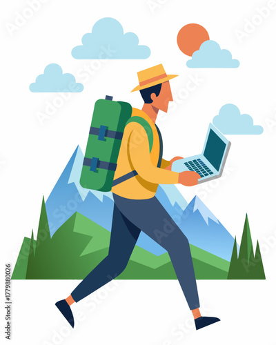 A backpacker hiking through the mountains their solarpowered laptop tucked into their pack ready to be used whenever needed thanks to its selfsustaining energy source.. Vector illustration