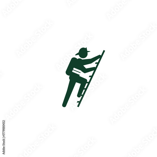 Stylized dark green icon of a figure wearing a hat and backpack climbing a ladder, representing effort and upward movement.