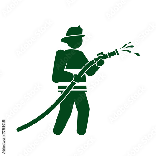 A dark green silhouette icon of a firefighter wearing a helmet and spraying water from a fire hose.