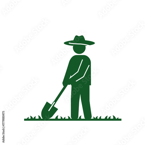 A green icon of a person wearing a hat, digging in the ground with a shovel, surrounded by grass.