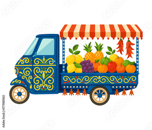 Vibrant street fruit cart with exotic produce and traditional truck art on white background