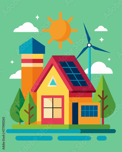 A colorful and vibrant bungalow offgrid and powered by a combination of solar panels and wind turbines.. Vector illustration